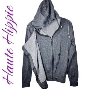 HAUTE HIPPIE 100% Cotton Asymmetric Zip Gray 2-tone Hoodie, Size XS/S